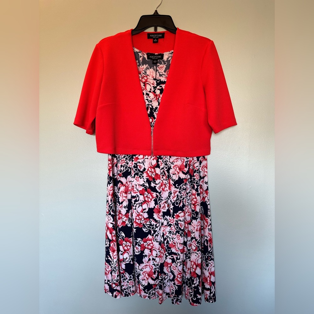 Perceptions Two Piece Dress with Jacket - Coral and Navy - Size Large and Medium